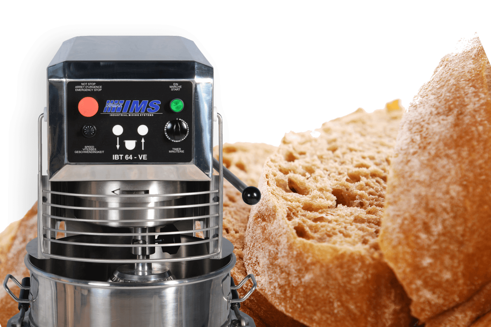 Dirmak IBT 64 60 L planetary mixer with full-stainless (CR) body running in a working pastry kitchen.
